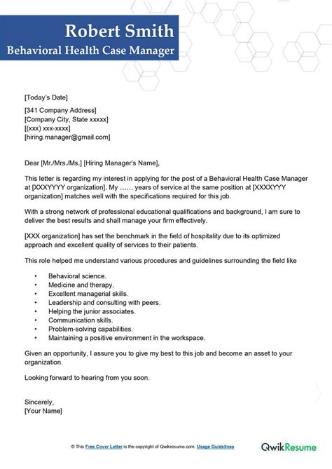 Behavioral Health Case Manager Cover Letter Examples Qwikresume