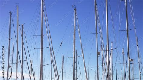 Masts And Guy Lines Isolated Against Clear Blue Sky Tall Spars On