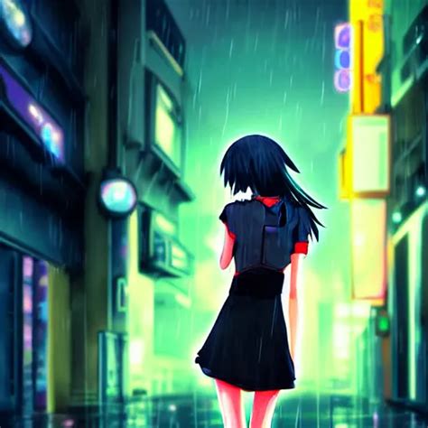 Digital Art Anime Girl Walking Into The Streets Of A Stable