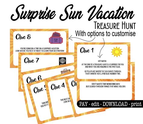 Surprise Sun Vacation Reveal Ticket With Editable Treasure Hunt Clues Surprise Beach Trip