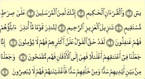 بِسْمِ اللّٰهِ الرَّحْمٰنِ الرَّحِیْمِ یٰسٓۚ (۱) وَ الْقُرْاٰنِ الْحَكِیْمِۙ (۲) اِنَّكَ لَمِنَ الْمُرْسَلِیْنَۙ (۳) عَلٰى صِرَاطٍ مُّسْتَقِیْمٍؕ (۴) تَنْزِیْلَ الْعَزِیْزِ. Bacaan Surah Yassin: Surah Yassin