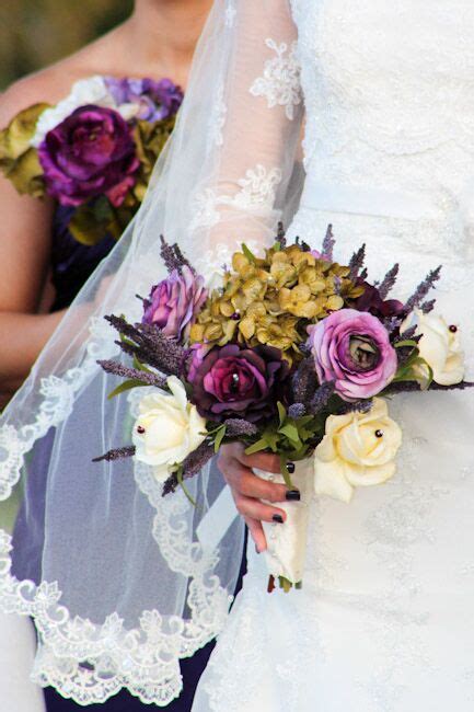 Purple orchid and rose bridal bouquet. Rustic Purple, Gold and Ivory Bridal Bouquet