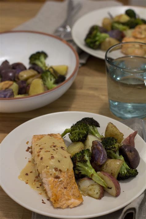 Roasted Salmon Broccoli and Potatoes With Miso Sauce I am so happy