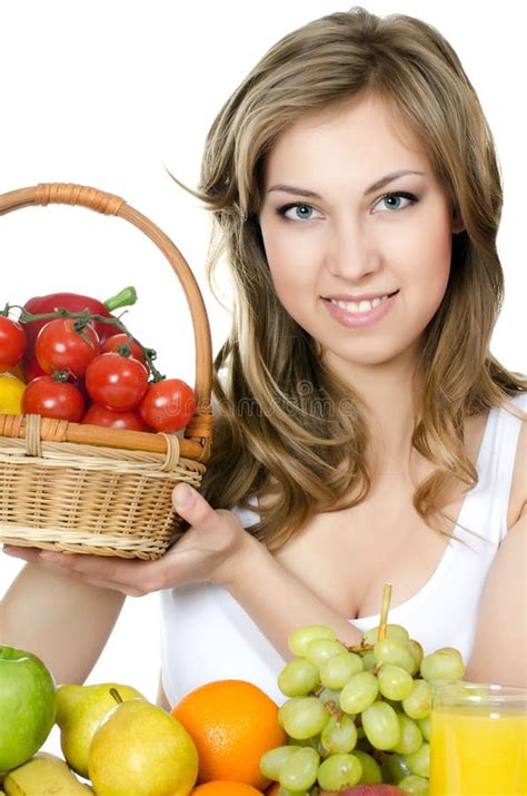 Mooi Meisje Met Fruit En Groenten Stock Afbeelding Image Of Voeding