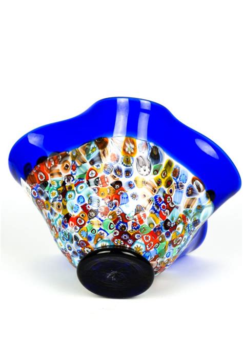 Fisty Blue Murano Glass Bowl And Millefiori Made Murano Glass