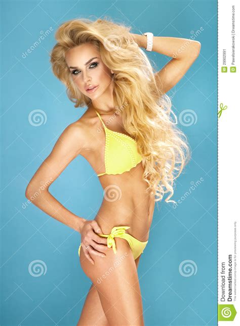 Fashionable Photo Of Beautiful Blonde Woman Wearing Swimsuit Stock
