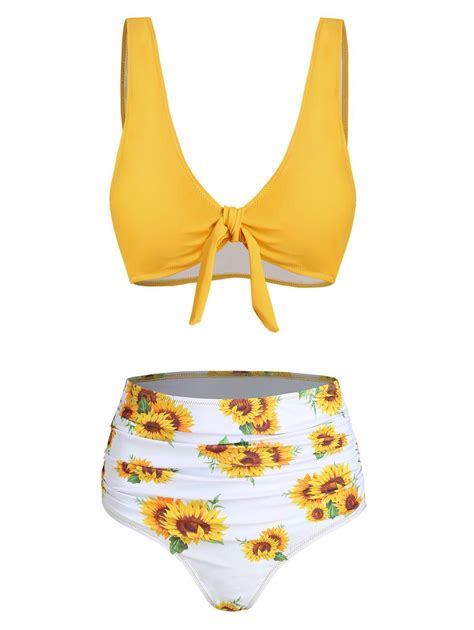 54 Off 2021 Sunflower Knot Ruched Bikini Swimsuit In Sun Yellow