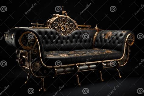 Gold Steampunk Sofa On Black Background Generative Ai Stock