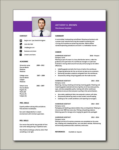 Download from our cv library of 224 free uk cv templates in microsoft word format. Free Warehouse Assistant CV template 4