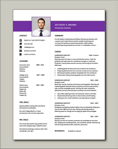 The event planner job role. Free Warehouse Assistant CV template 4
