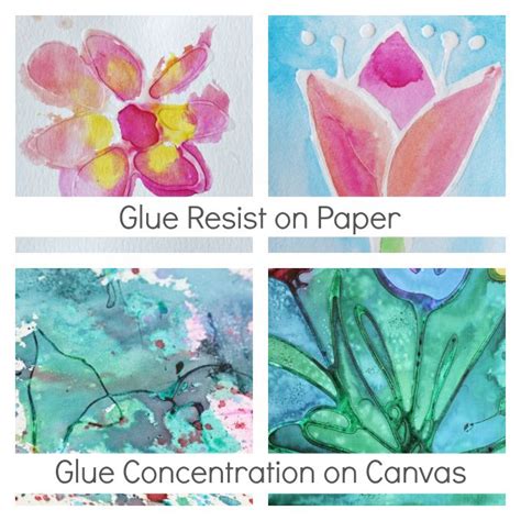 Four Watercolor Paintings With The Words Glue Resist On Paper Glue