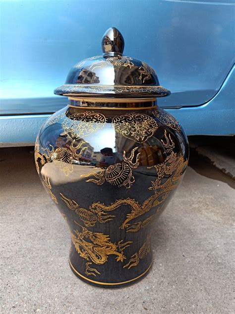 Tall large chinese ceramic porcelain vase black gold dragon ginger jar