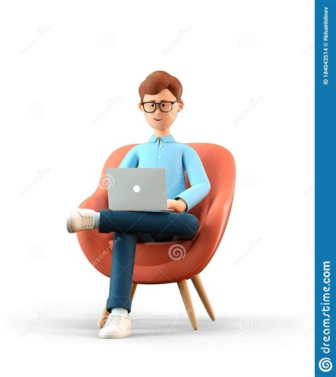 3d Illustration Of Smiling Happy Man With Laptop Sitting