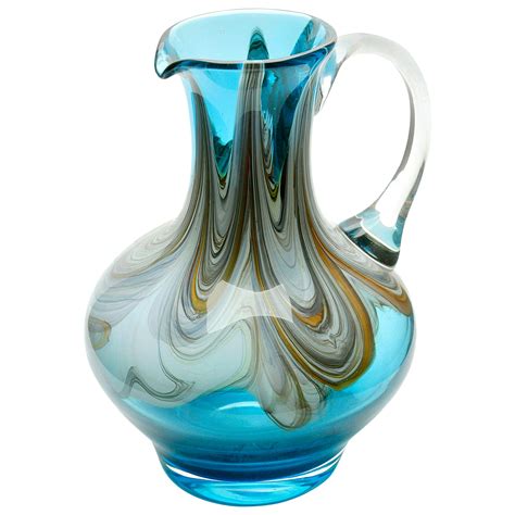Drink And Barware Vintage Murano Handblown Glass Capri Blue Pitcher And Six Cups With Applied