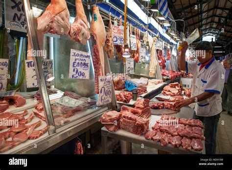 A Butchers Stall With A Display Of Meat In Athens Central Market Stock