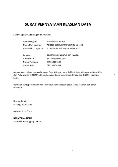 Pdf Surat Pernyataan Keaslian Data Asli Dokumentips