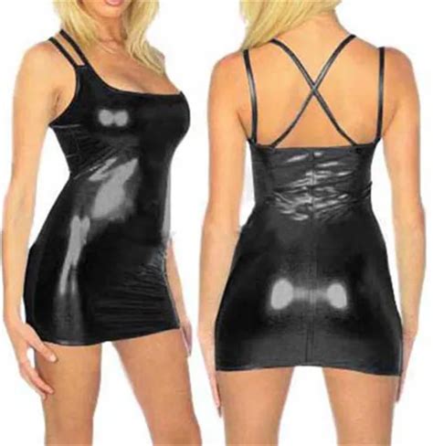 Hot Sexy Spaghetti Strap Faux Leather Erotica Dress Catsuit Women Dance