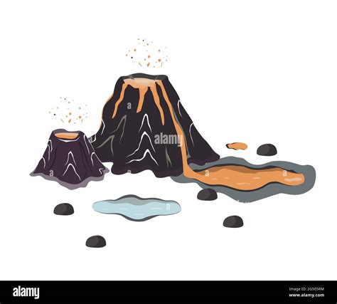 Volcano Eruption With Hot Lava Cartoon Jurassic Landscape Design