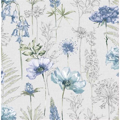 Fresco Floral Sketch Blue Wallpaper Wilko