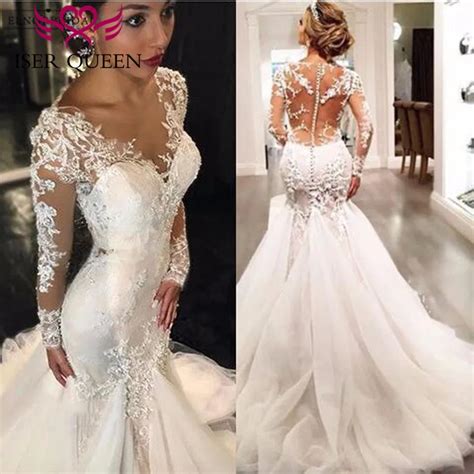 Long Sleeves Illusion Lace Tassel Lace Vintage Mermaid Wedding Dress