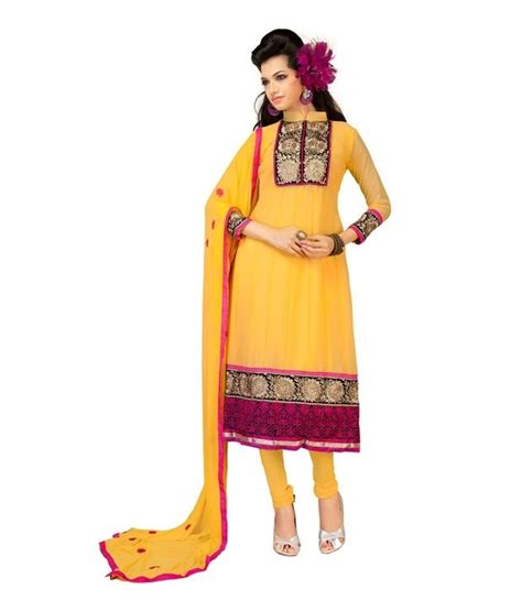 Fabdeal Yellow Colored Faux Georgette Embroidered Semi Stitched Salwarsuit Salwar Kameez