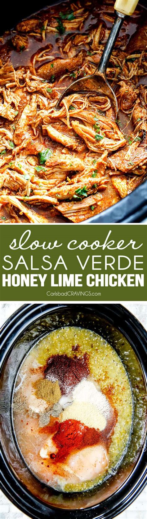 Shred chicken and keep warm in the sauce. Slow Cooker Salsa Verde Honey Lime Chicken (Tacos ...