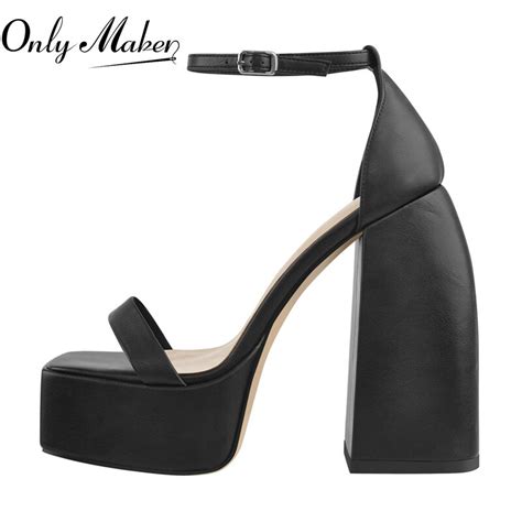 Onlymaker Women Black Pu Sandals Square Toe Platform Ankle Buckle Chunky High Heels Party Dress