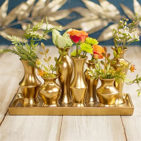 7 Ceramic Vase Clusters On Tray Rectangular Bud Vases Centerpiece Gold