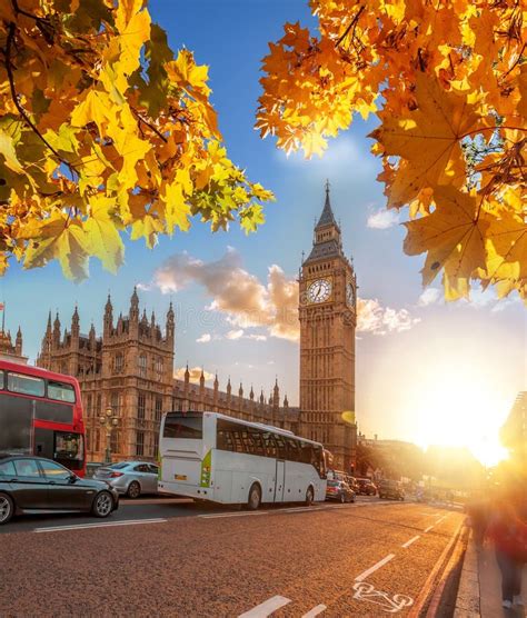 Big Ben Against Colorful Sunset With Autumn Leaves In London England
