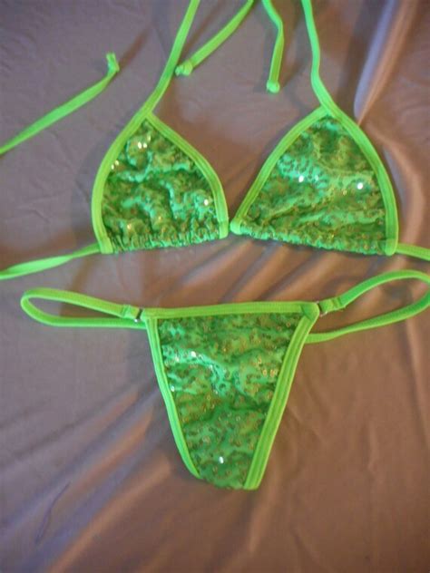 Neon Green Sequin G String Bikini Exotic Dancewear Stripper