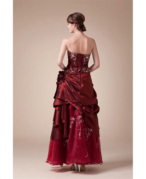 Burgundy Strapless Embroidered Pleated Ankle Length Wedding Dress #OPH1286 $215 - GemGrace.com