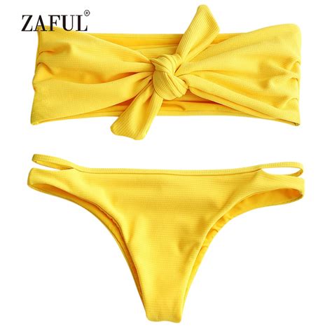 Zaful Bikini Knot Ribbed Swimwear Women Swimsuit Sexy Strapless Bandeau