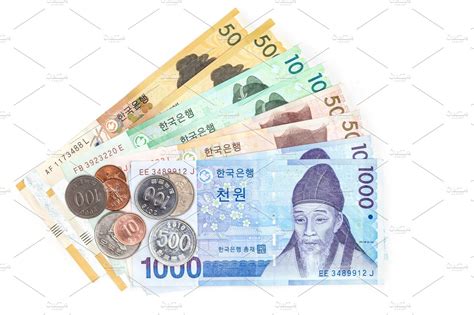 Different value south korean currency bill and coins save your money