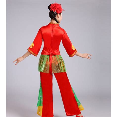 Chinese Folk Dance Costumes For Women Female Red Colored Yange Drummer Yangko Fan Umbrella Dance