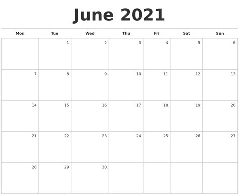 June 2021 Blank Monthly Calendar