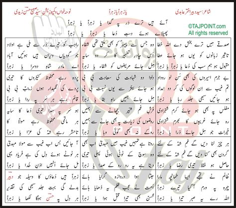 Ya Zahra Ya Zahra Sabeeh Hasan Zaidi Lyrics In Urdu And Roman Urdu