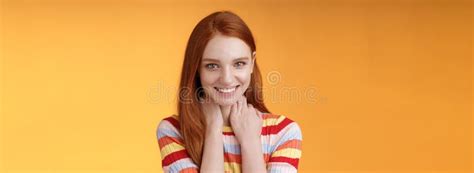 Pleased Happy Tender Feminine Redhead Gorgeous Girl Blushing Flirty Giggle Gazing Camera Smiling