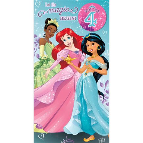 4th Birthday Disney Princess Birthday Card With Badge 787638 0 1