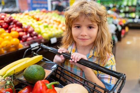 Child Buying Fruit In Supermarket Kid Buy Fresh Vegetable In Grocery