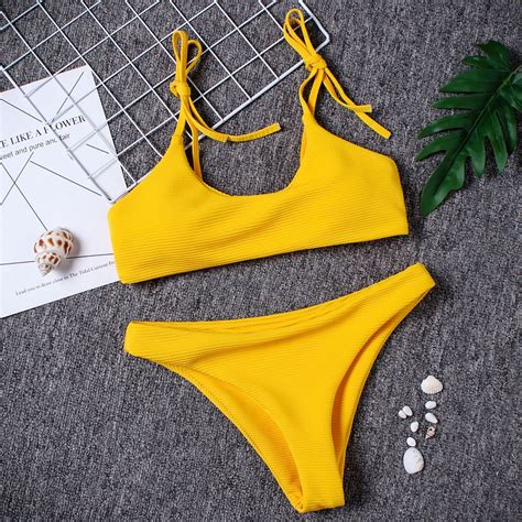 Sexy Pure Color Women Solid Swimsuit Sling Bikini Bathing Bow Beachwear Suit Two Piece Suits