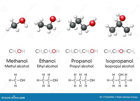 Metanol Etanol Propanol E Isopropanol Modelos Moleculares Y Fórmulas