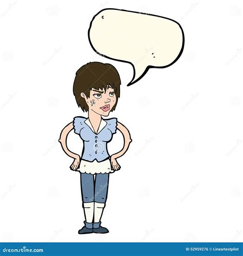 Cartoon Tough Woman With Hands On Hips With Speech Bubble Stock