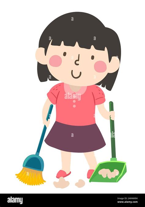 Illustration Of A Kid Girl Holding Broom And Dust Pan Sweeping Floor As