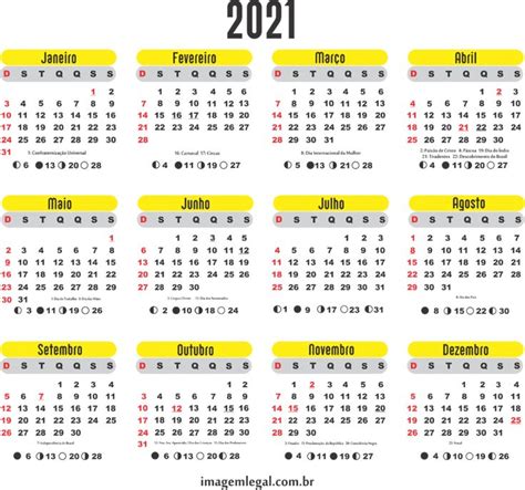 Calendário de feriados 2021, com feriados nacionais. Base Calendário 2021 Amarelo | Imagem Legal | Calendário ...