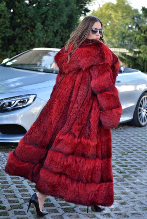 Female Red Long Hood Fur Coat Hovlly Fur Coats Women Long Fur Coat Fur Coat Outfit