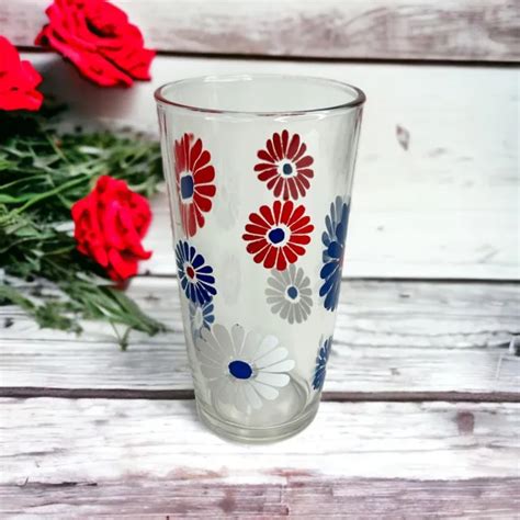 Vintage Hazel Atlas Sour Cream Glass Flower Pint Red White Blue Daisy