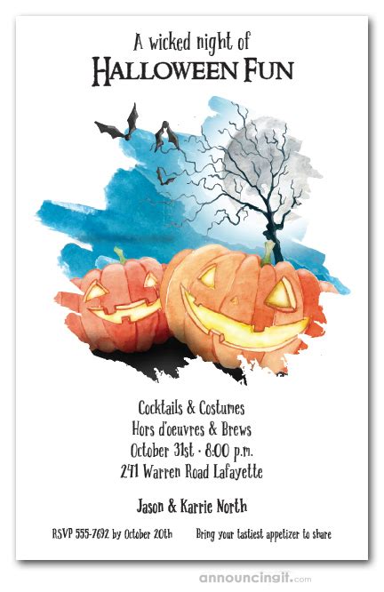 Watercolor Halloween Pumpkin Patch And Bats Halloween Party Invitations