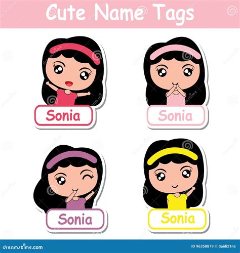 Kid Name Tags Vector Cartoon With Cute Colorful Girls Suitable For