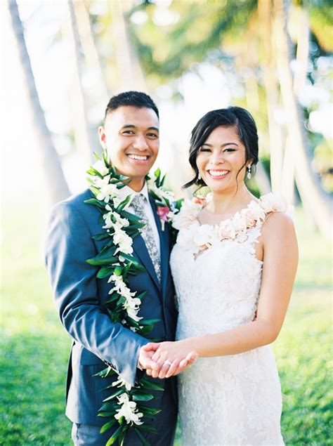 Bride And Groom Lei Maile Style Ti Leaf Lei With White Orchid Wrap On