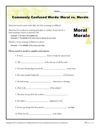 Moral Vs Morale Worksheet Commonly Confused Words